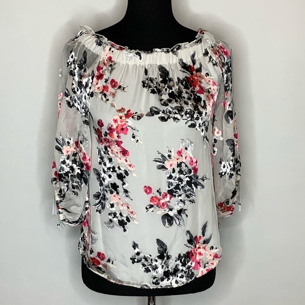 WHBM white pink floral burnout sheer top XXS NWT